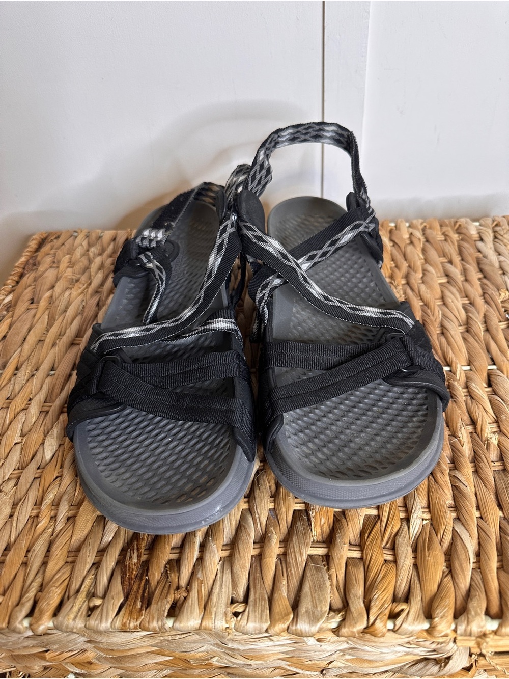 BareTraps Black and Gray Outdoor Strappy Sandals